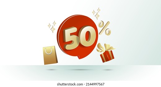 50% Off. 3D Gold Discount numbers with shopping bag and gift box vector. Price off tag design vector illustration
