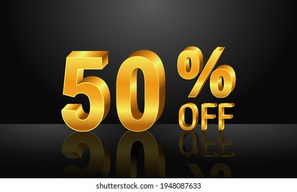 50% off 3d gold on dark black background, Special Offer 50% off, Sales Up to 50 Percent, big deals, perfect for flyers, banners, advertisements, stickers, offer icons, etc.