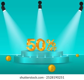 50% off 3D gold. 50% off special offer. podium with blue background. big business, perfect for flyers, banners, ads, stickers..
