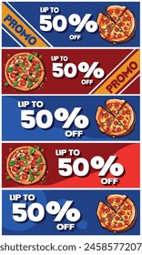 50 OFF, 5 discount coupons for purchasing pizzas, blue and red.