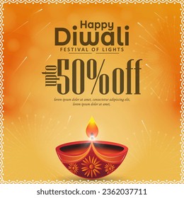 50% off ad banner Diwali celebration design with big oil lamps and bursting firecrackers background.