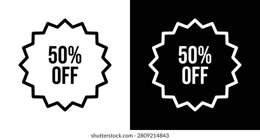 50% off badge icon in modern outline style featuring zigzag seal with discount text, representing sale, promotion, clearance, special offer and retail discount.
