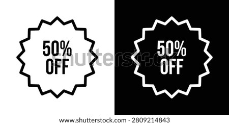 50% off badge icon in modern outline style featuring zigzag seal with discount text, representing sale, promotion, clearance, special offer and retail discount.
