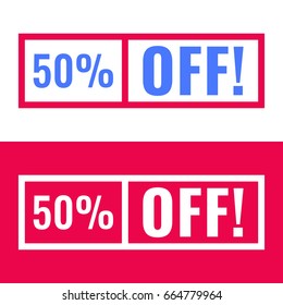 50% off! Badge icons. Flat vector illustration on red and white background.