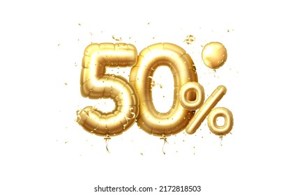 50 Off balloons, discount sale, balloon in the form of a digit, golden confetti. Vector illustration.