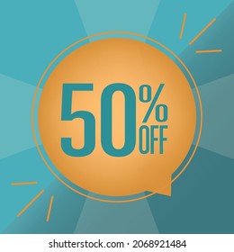 50% off banner with fifty percent discount on yellow balloon blue background