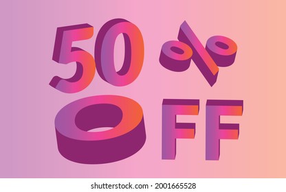 Banner de 50% desactivado en texto 3d con gradiente rosa.