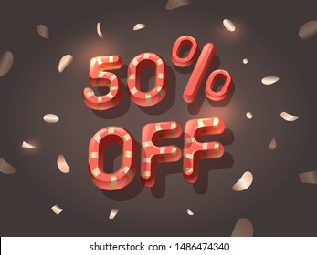 50% off. Big 3D red letters with gold stripes on dark background. Banner ad with confetti