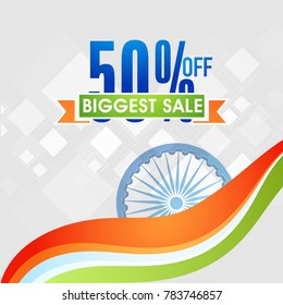 50% Off, Biggest Sale Offer. Indian tricolors background with Ashoka Wheel.