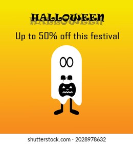 50% off billboard during Halloween with little ghosts on orange background vector