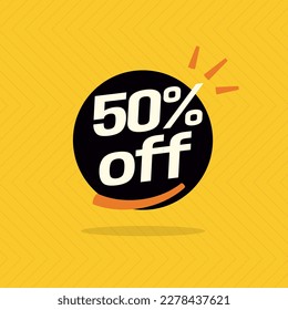 50% off. Black banner with special sale ten percent off black speech bubble and yellow background.