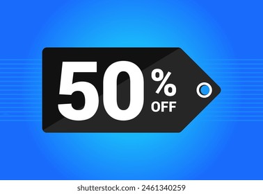 50% off. Black and blue tag with Fifty Percent discount. Shopping concept vector. Vector illustration.