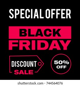 50% off Black friday banner, sale poster, discount price tag, vector offer coupon.