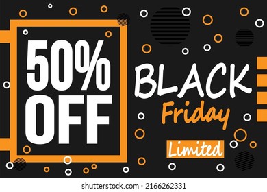 50% off black friday sale banner template graphic image. Vector illustration.