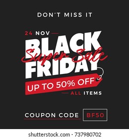 50% OFF Black Friday Super Sale Special Offer Promotion with Price Tag Element Inscription Design Template Banner, Badge, Sticker, Cover, Poster, Flyer
