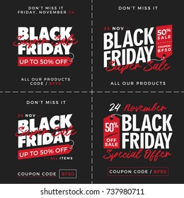 50% OFF Black Friday Super Sale Special Offer Promotion with Price Tag Element Inscription Design Template Banner, Badge, Sticker, Cover, Poster, Flyer