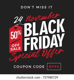 50% OFF Black Friday Super Sale Special Offer Promotion with Price Tag Element Inscription Design Template Banner, Badge, Sticker, Cover, Poster, Flyer