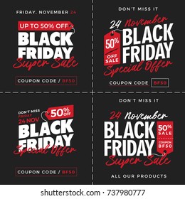 50% OFF Black Friday Super Sale Special Offer Promotion with Price Tag Element Inscription Design Template Banner, Badge, Sticker, Cover, Poster, Flyer