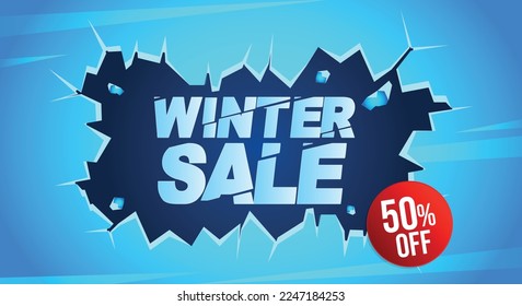 50% off. Blue banner with fifty percent discount on a red balloon for mega big winter sales.