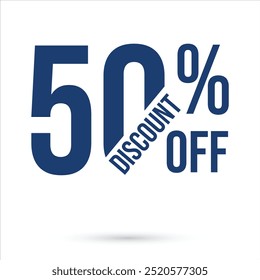 50% OFF blauer Etikettenvektor einzeln auf weißem Hintergrund, Aufkleber, Rabatt-Angebot, Verkauf, Preisnachlass, Sonderangebot oder Werbe-Tag-Abzeichen, Vorlage, kreisförmiges rundes Shopping Tag, Prozent 50%