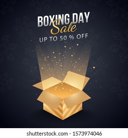 Up To 50% Off for Boxing Day Sale poster design with magic gift box.