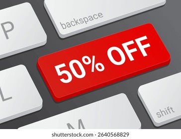 50% Off Button on Computer Keyboard with White Text for Discount Offer Online Shopping and Ecommerce Interface Close Up Illustration