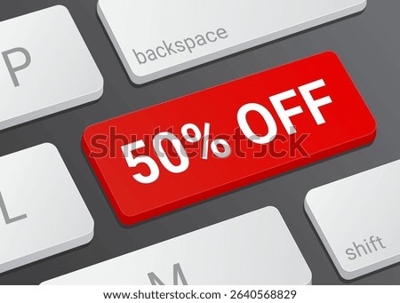 50% Off Button on Computer Keyboard with White Text for Discount Offer Online Shopping and Ecommerce Interface Close Up Illustration