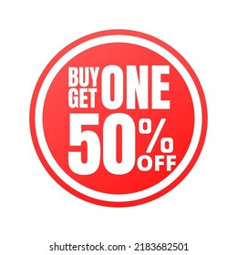 50% off, buy get one, online super discount red button. Vector illustration