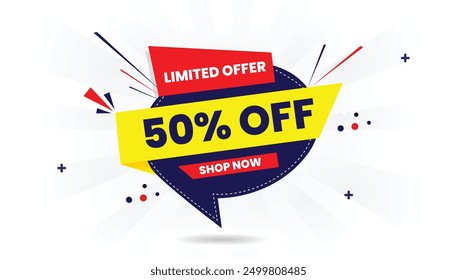 50% Off Buy Now Limited Offer Banner with White Background Featuring Bold Dark Light Blue Yellow and Red Text Elements and Vector Art for Maximum Impact discount price offer buy promotion shop now