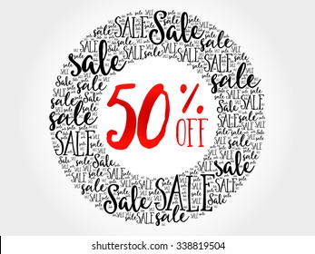 50% OFF circle word cloud, business concept background