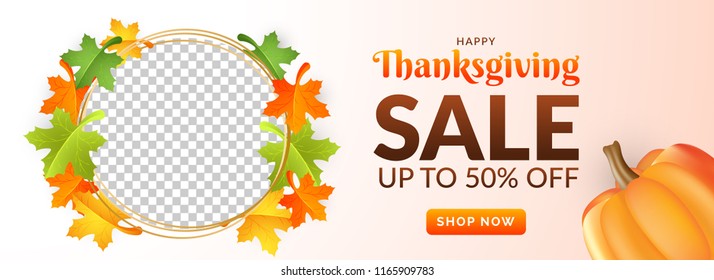 Up To 50% off with circular frame decorated with maple leaves and space for your product image for Thanksgiving festival concept.