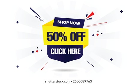 50% de descuento Hacer clic aquí Oferta especial Plantilla de Anuncio con fondo blanco, con Formas Artes vectoriales de Elementos de texto de perno amarillo oscuro y azul claro y rojo para el máximo impacto