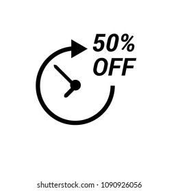 50% OFF and clock, rounted arrow symbol, vector illustration