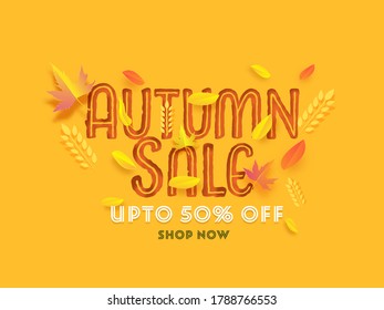 UP TO 50% Off For Creative Autumn Sale Text Decorated With Paper Leaves On Orange Background Can Be Used As Poster Design.