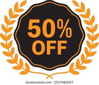 50% OFF Discount Badge Vector with Wreath on Flat White Background for Clean Promotional Designs, Discount vector, Discount badge icon, Discount logo