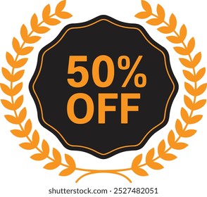 50% OFF Discount Badge Vector with Wreath on Flat White Background for Clean Promotional Designs, Discount vector, Discount badge icon, Discount logo