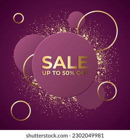 Up to 50% off discount banner with metallic golden sparkling elements on pink background