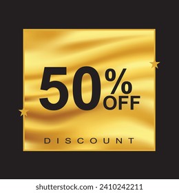 50% off discount banner. Special offer sale 50 percent off. Sale discount offer. Luxury golden promotion banner fifty percent discount in golden square and with a black background. Vector illustration
