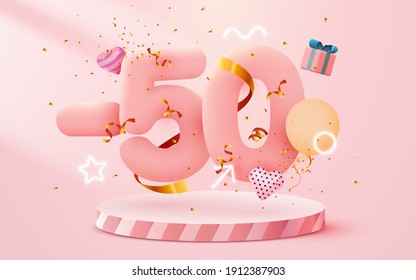 50% Off. Discount creative composition. 3d sale symbol with decorative objects, heart shaped balloons, golden confetti, podium and gift box. Sale banner and poster. Vector illustration.