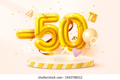 50% Off. Discount creative composition. 3d Golden sale symbol with decorative objects, heart shaped balloons, golden confetti, podium and gift box. Sale banner and poster. Vector illustration.