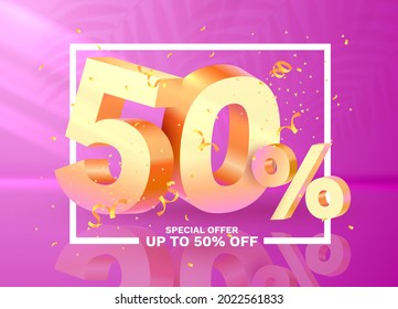 50 Off. Discount creative composition. 3d Golden sale symbol with decorative objects,  golden confetti. Sale banner and poster. Vector illustration.