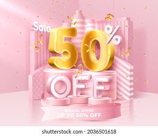 50% Off. Discount creative composition. 3d sale symbol with decorative objects, golden confetti, podium and gift box. Sale banner and poster. Vector illustration.