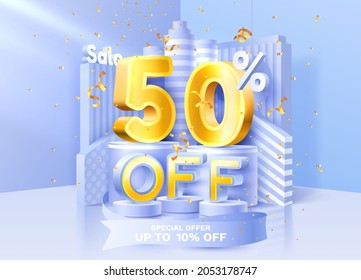 50 Off. Discount creative composition. 3d sale symbol with decorative objects, golden confetti, podium and gift box. Sale banner and poster. Vector illustration.