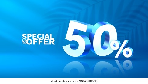 50 Off. Discount creative composition. 3d sale symbol with decorative objects, golden confetti, podium and gift box. Sale banner and poster. Vector illustration.