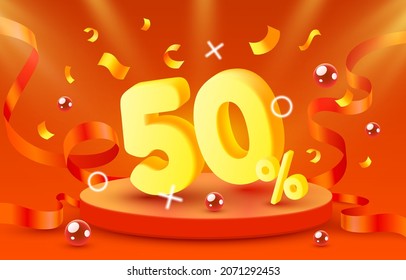 50 Off. Discount creative composition. 3d sale symbol with decorative objects, golden confetti, podium and gift box. Sale banner and poster. Vector illustration.