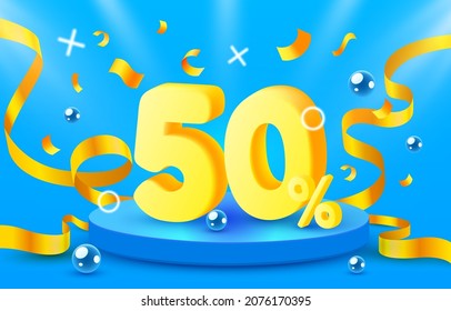 50 Off. Discount creative composition. 3d sale symbol with decorative objects, golden confetti, podium and gift box. Sale banner and poster. Vector illustration.