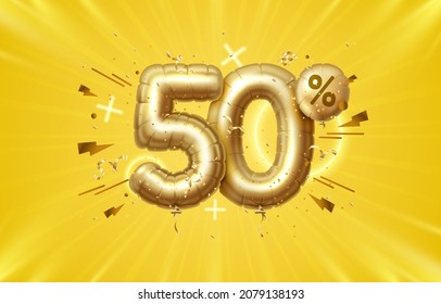 50 Off. Discount creative composition. 3d Golden sale symbol with decorative objects, heart shaped balloons, golden confetti, podium and gift box. Sale banner and poster. Vector illustration.