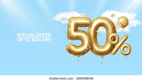 50 Off. Discount creative composition. 3d Golden sale symbol with decorative objects, heart shaped balloons, golden confetti, podium and gift box. Sale banner and poster. Vector illustration.