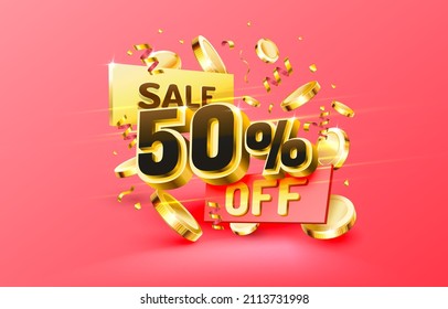 50 Off. Discount creative composition. 3d sale symbol with decorative objects, golden confetti, podium and gift box. Sale banner and poster. Vector illustration.