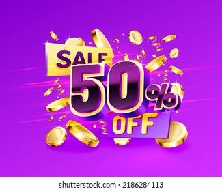 50 Off. Discount creative composition. 3d sale symbol with decorative objects, golden confetti, podium and gift box. Sale banner and poster. Vector illustration.